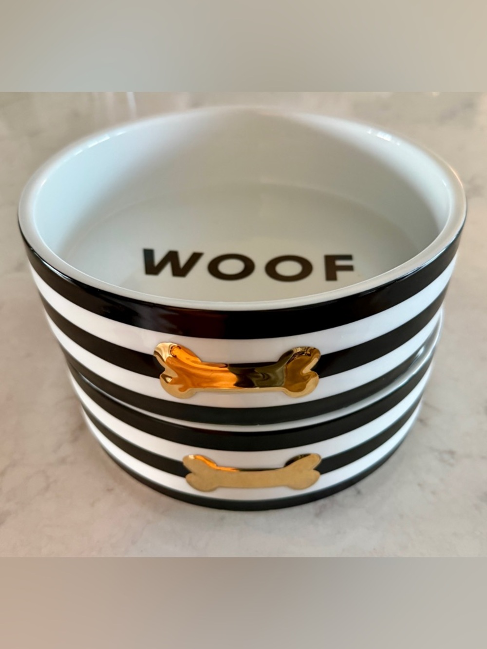 Pottery Barn Striped Ceramic Pet Bowls - Black, White & Gold Accent - like NEW! - Picture 2 of 5